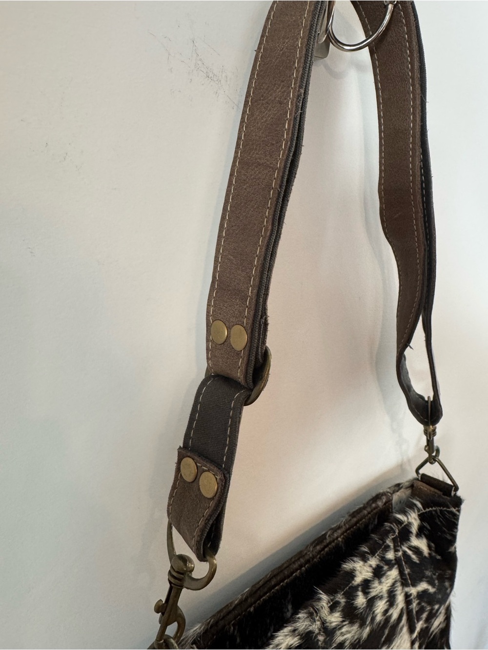 Myra Bag Hair-On Shoulder Bag, Black/White, Brown Leather - Picture 3 of 7